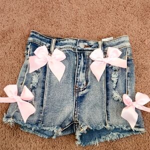 SHEIN Blue Jean Shorts with Pink Bows